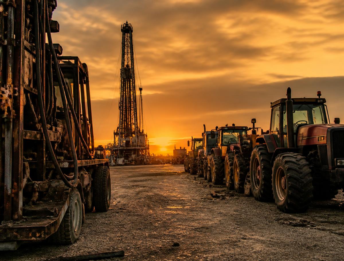 Oilfield equipment yard with a water well rig and tractors at golden hour