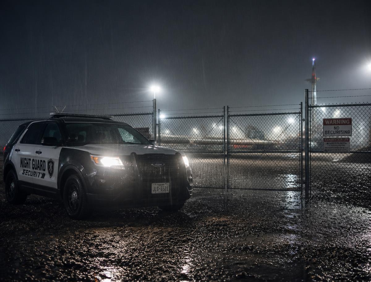 Security patrol vehicle at a fenced pipeline site at night